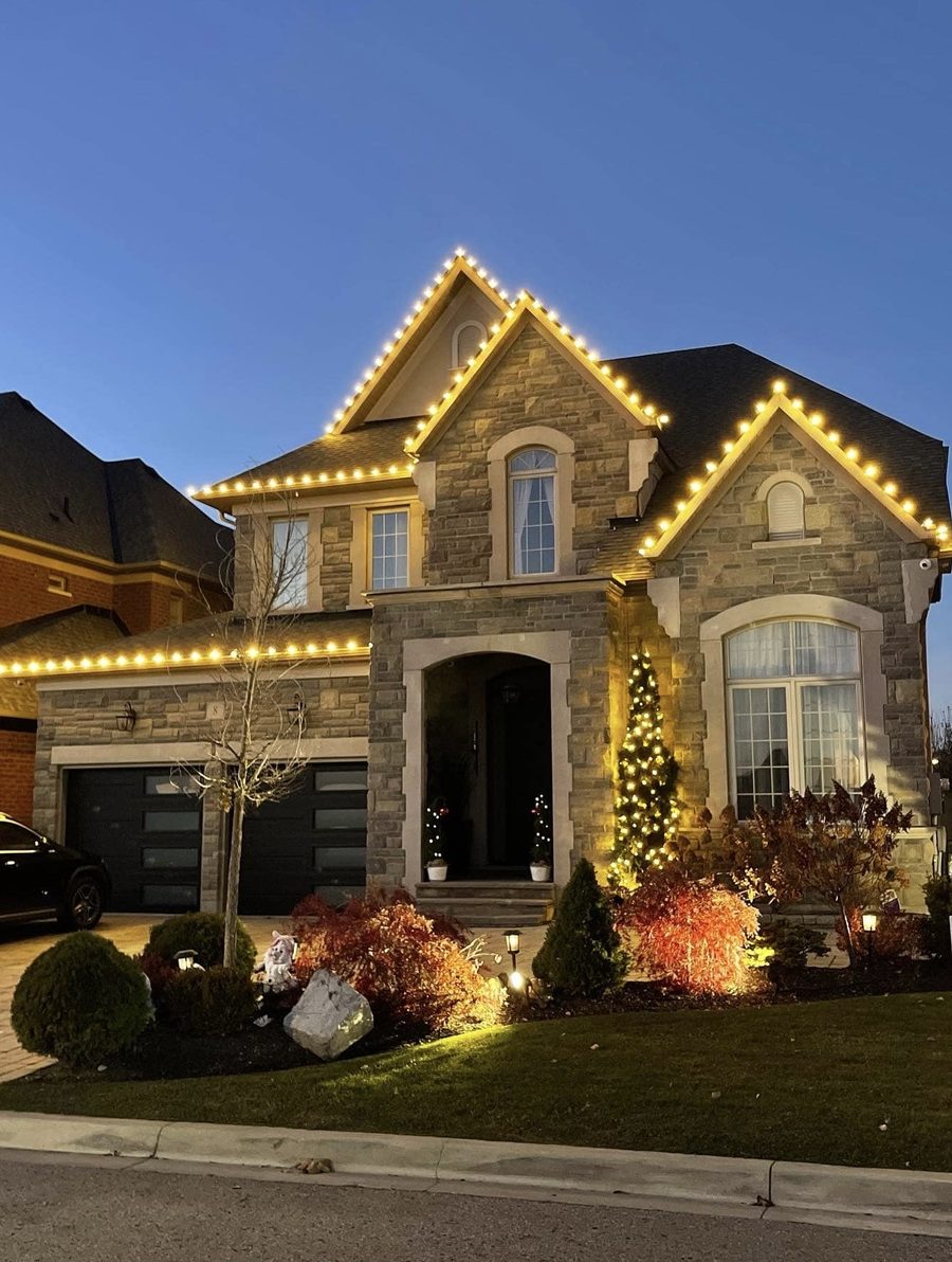 Full roofline lighting with lit entrance tree — LitUp Vancouver installation